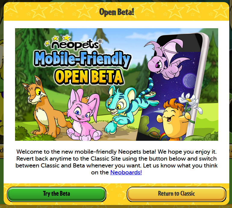 Mobile beta welcome message